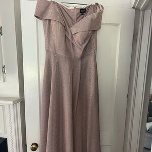 Off shoulder rose gold/blush formal gown with pockets